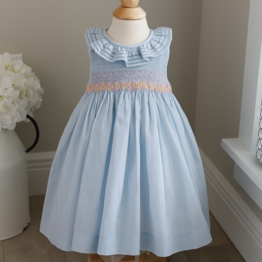 Girls Smocked Dress Blue Pink Luli & Me Embroidery NEW